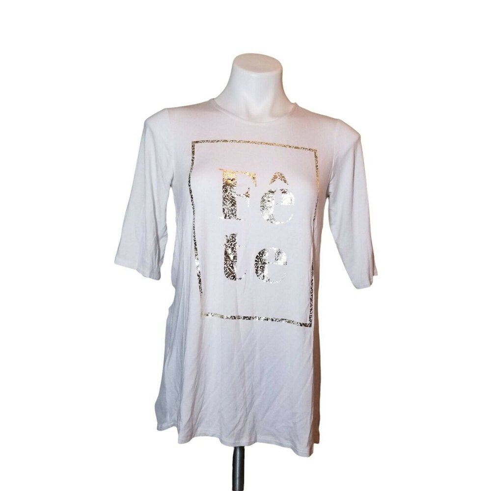 BCBGeneration Fete Graphic top  Short Sleeve Shirt Top Optic White XXS NWT